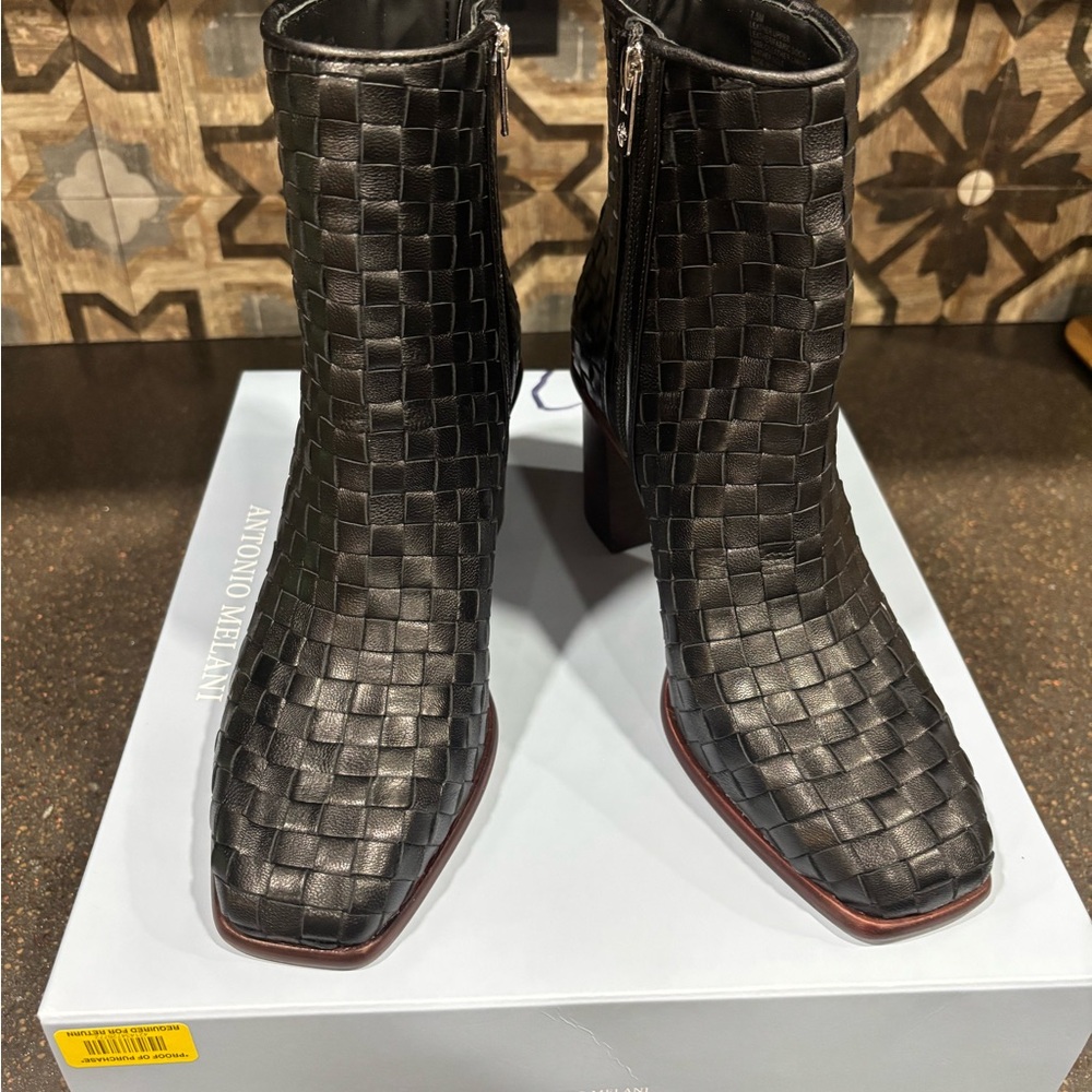 ANTONIO MELANI Black Textured Leather Ankle Booties